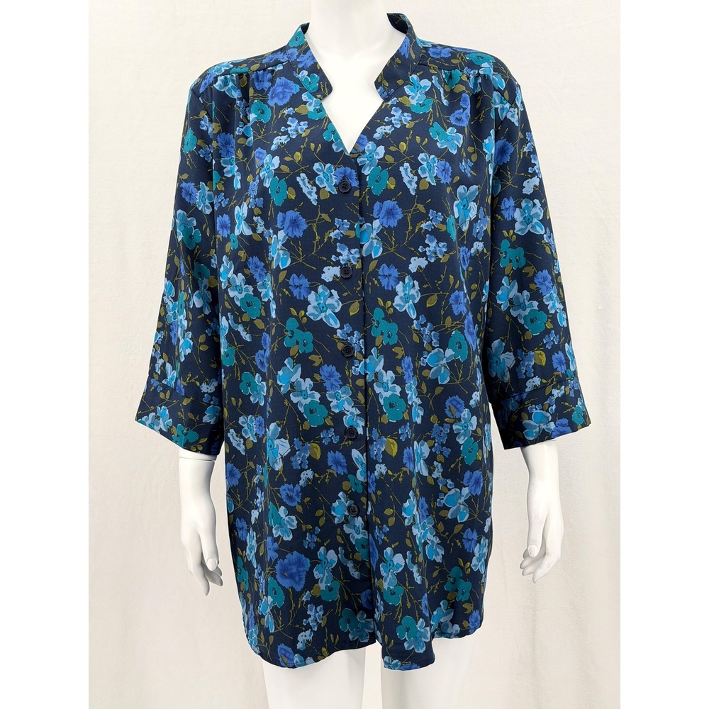 Vintage A Personal Touch Top Womens 1X Navy Dark Floral‎ Button Up Retro Boho